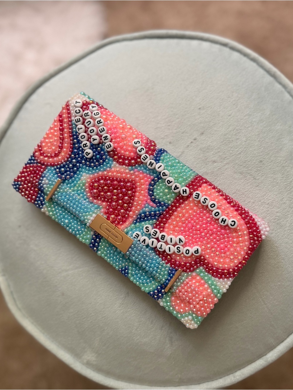Custom Beaded Heart Card Holder Wallet - Pink & Blue - Picture 2 of 5